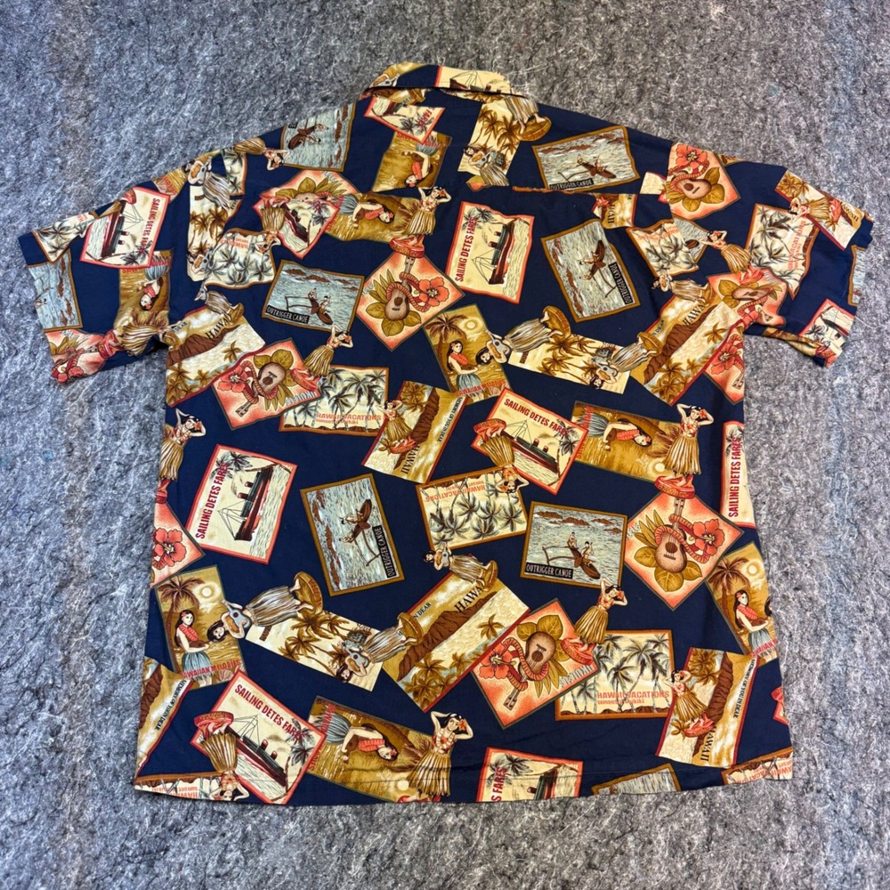 Howie Made in Hawaii Mens Large Postcard Print Cotton Aloha Shirt Navy Blue Vtg - Picture 9 of 9
